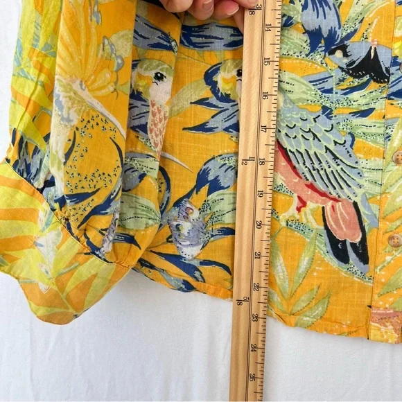 Anthropologie Maeve Yellow Tropical Floral Bird Top Sz L Relaxed Cotton Button - Picture 12 of 14